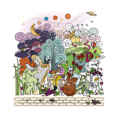 Scène colorée avec des musiciens, des plantes et des éléments naturels stylisés. Beaujolais en Scène 