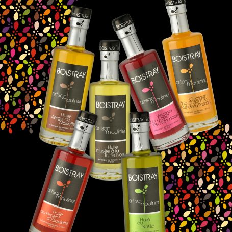 Bouteilles de vinaigres et d'huile, Elise & Félicie, moderne et coloré