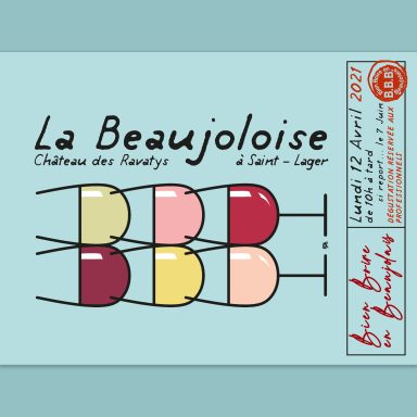 Affiche événementielle Bien Boire en Beaujolais - Beaujoloise 2021 - verres empilés, lignes épurées, couleurs du vin et acronyme