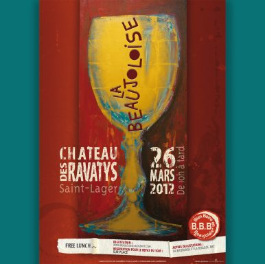 Oeuvre d'art pour un événement autour du vin du Beaujolais. Feuille d'or, vitre, transparence et acrylique. Affiche événement Beaujoloise