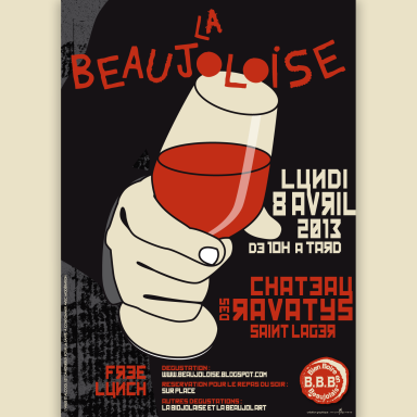 Affiche événementielle Bien Boire en Beaujolais - Beaujoloise 2013 - main tendue avec un verre à la main, 3 couleurs, dessin