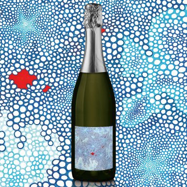 Bouteille de vin mousseux sur fond coloré avec motifs abstraits.