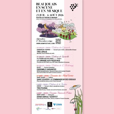 Affiche colorée pour un événement musical avec des détails de programme et des illustrations. Roll-up événementiel Beaujolais en Scène 