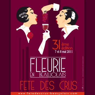 Affiche vin, fond bordeaux, style art déco, 1 homme tend sa grappe et une femme tend son verre, ils sont dans l'intimité car pas de chapeaux