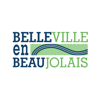 Logo Belleville en beaujolais, bleu et vert sur fond blanc, reprise de la courbe de la Saône aux abords de la citée.