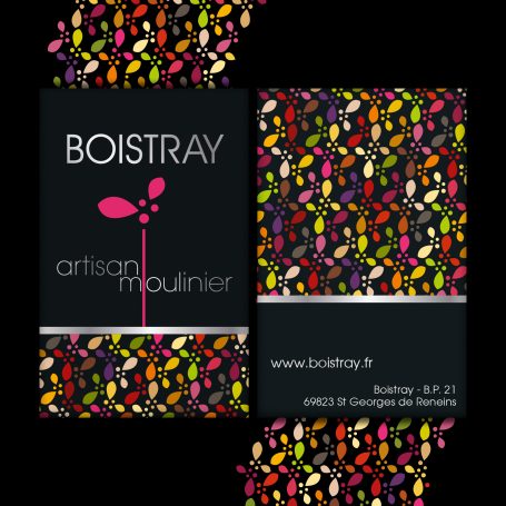 Carte de visite colorée avec motifs de motifs multicolores sur fond noir.
